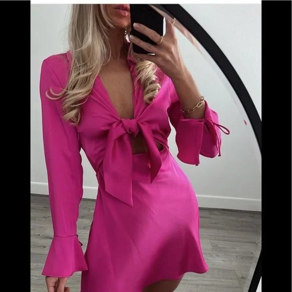 ZARA Satin Effect Mini Dress Fuchsia - Picture 7 of 12